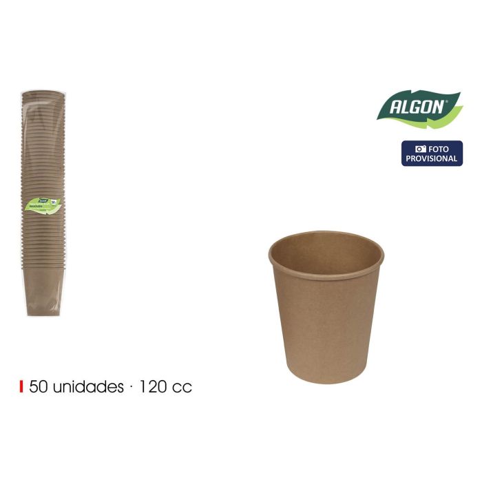 Algon Set de 50 Vasos de Cartón Kraft 120 cc - Vaso de un Solo Uso, 6 cm de Ancho x 6.3 cm de Alto (18 Unidades)