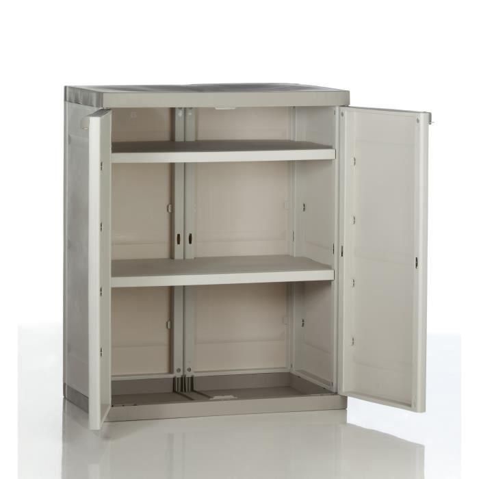 TITANIO PLASTIKEN Armario bajo 2 puertas con estantes A70 x P44 x H88 cm Beige y gris pardo TITANIO Gama interior / exterior 1