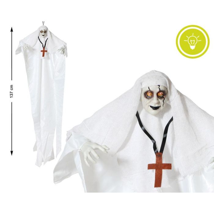Decoración Colgante Monja Diabólica Blanca Con Cruz Y Luz 137 cm