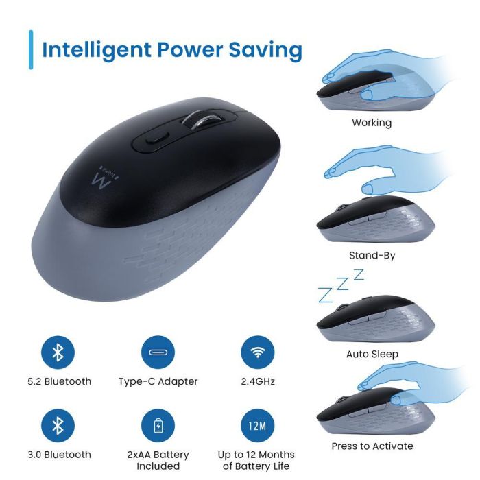 Ewent EW3243 Ratón Inalámbrico Triple Conexión Bluetooth 3.0/5.2 y 2.4GHz Clic Silencioso 3200 DPI Multi-dispositivo Negro Gris 1 Ewent EW3243 Ratón Inalámbrico Triple Conexión Bluetooth 3.0/5.2 y 2.4GHz Clic Silencioso 3200 DPI Multi-dispositivo Negro Gris 1