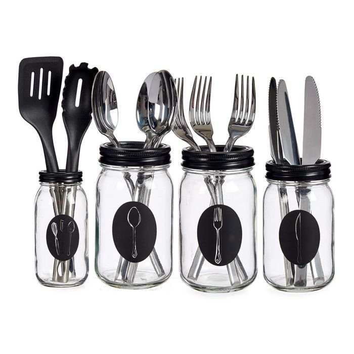 Vivalto Set 4 Cuberteros Vidrio Con Tapa Metal Transparente/Negro 9x9x17cm (Set de 6) 3