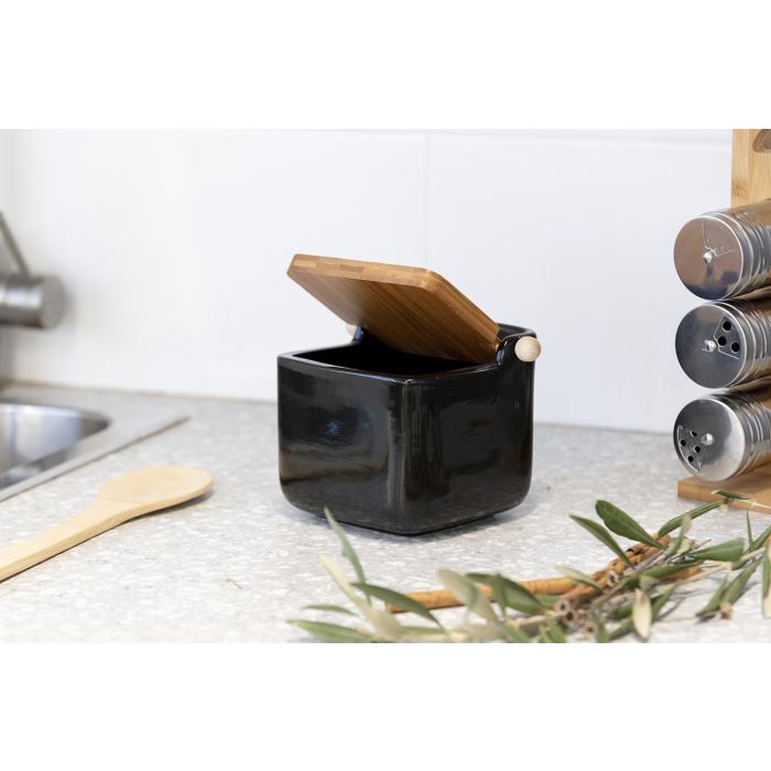 Salero de Cerámica Negro con Tapa de Bambú Vessia 14.5x11x12 cm (6 Unidades) 4 Salero de Cerámica Negro con Tapa de Bambú Vessia 14.5x11x12 cm (6 Unidades) 4