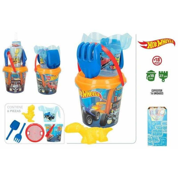 Cubo de playa hot wheels 18 cm con cedazo, pala, rastillo, regadera y 1 molde 1 Cubo de playa hot wheels 18 cm con cedazo, pala, rastillo, regadera y 1 molde 1