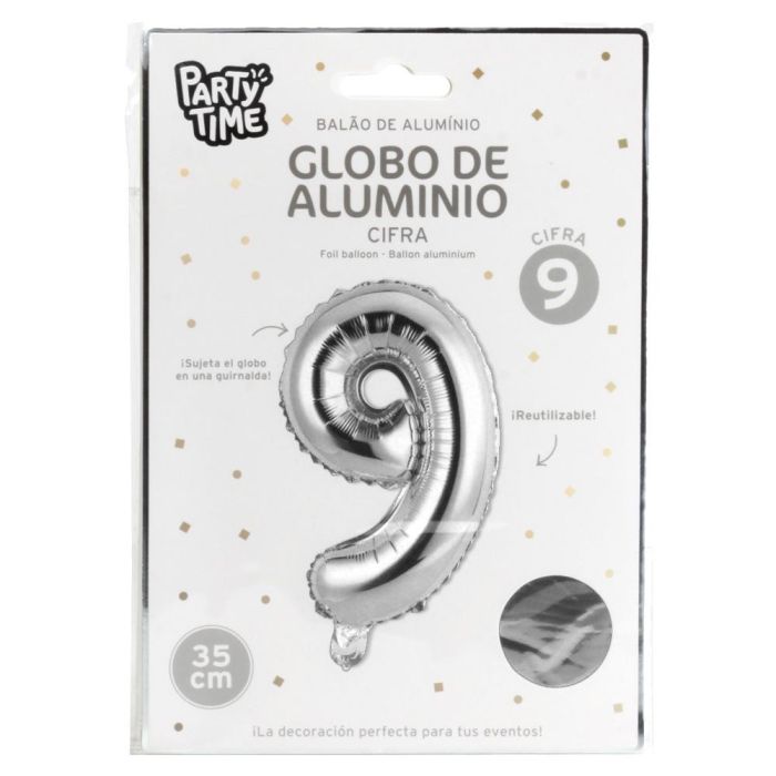 Globo Cifra 9 Plata Party Time altura 35 cm 1 Globo Cifra 9 Plata Party Time altura 35 cm 1