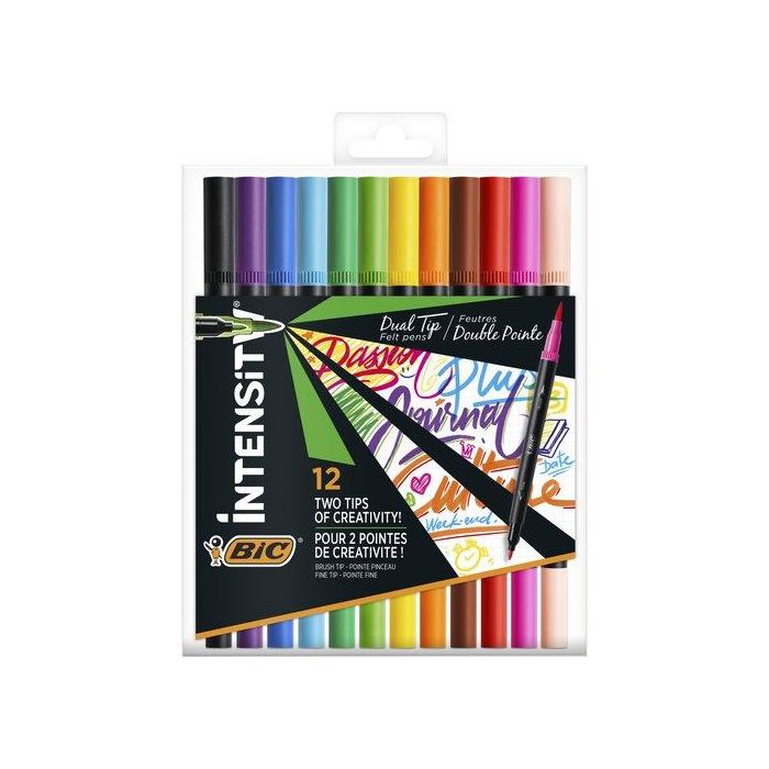 Bic Rotuladores Intensity Tip Felt Punta Fina-Pincel 12 Colores Vivos, Ideal para Handlettering y Caligrafía