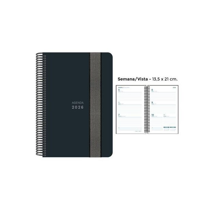 Agenda Anual (2026) Senfort Unicolor Espiral Tapa Pp Con Goma 135X210 S/V Negro