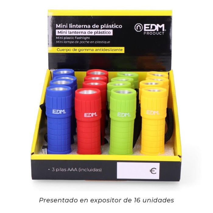 Edm Mini Linterna de Mano LED COB 60lm, 3xAAA Pilas Incluidas, Colores Surtidos, Goma Antideslizante 5 Edm Mini Linterna de Mano LED COB 60lm, 3xAAA Pilas Incluidas, Colores Surtidos, Goma Antideslizante 5