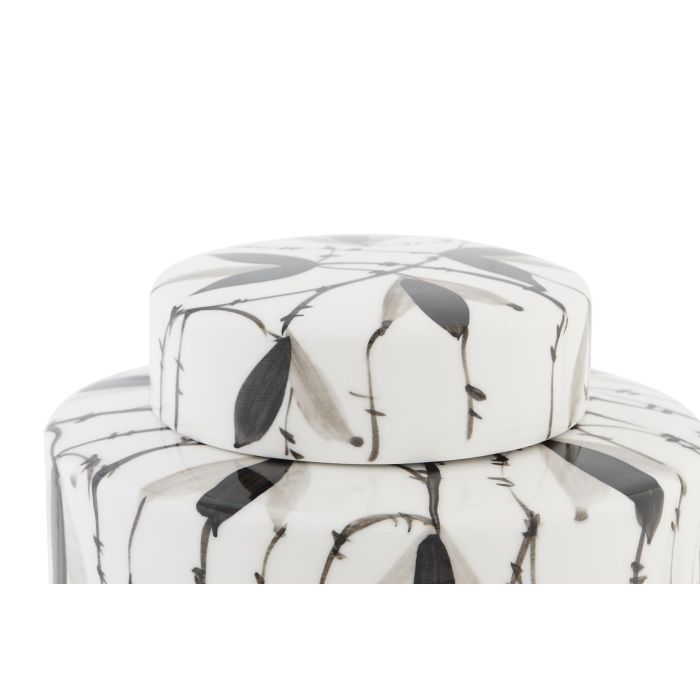 DKD Home Decor Tibor Oriental de Porcelana Blanco y Negro con Diseño de Hojas 17x16x17 cm 1