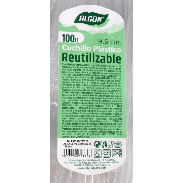 Set de 100 cuchillos medianos transparentes de 19.6 cm Algon (10 Cajas) 3 Set de 100 cuchillos medianos transparentes de 19.6 cm Algon (10 Cajas) 3