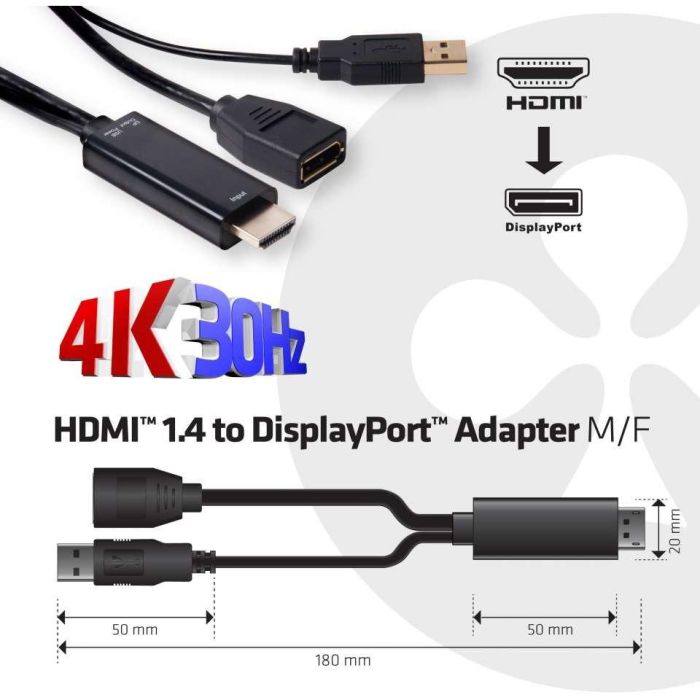 Club3D Adaptador HDMI a DisplayPort Macho/Hembra 4K@30Hz 0.18m Negro Plug & Play 2