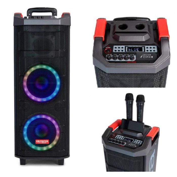 Aiwa KBTUS-608 Altavoz Trolley 80W RMS con Iluminación RGB-LED, Bluetooth, USB/Micro-SD y 2 Micrófonos Inalámbricos 2