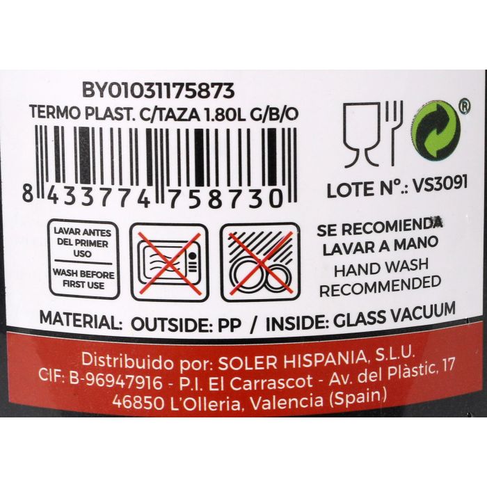 Termo plástico con taza 1.8 litros Thermosport - Gris, Blanco, Oro (6 Unidades) 4 Termo plástico con taza 1.8 litros Thermosport - Gris, Blanco, Oro (6 Unidades) 4