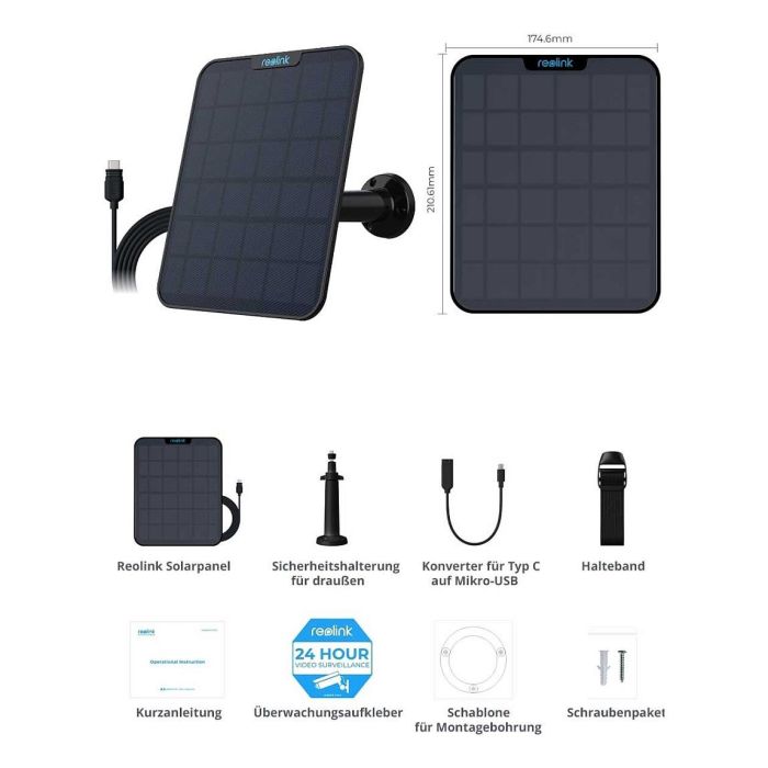 Reolink Solar Panel 2, Panel Solar Exterior, Negro, 6W, IP65, 4m Cable