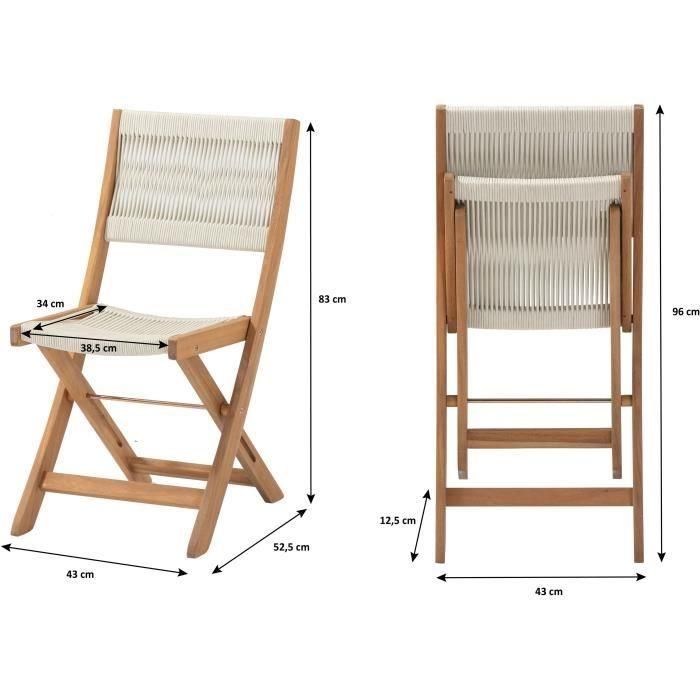 Conjunto de bistró plegable de madera de acacia FSC con tejido de cuerda beige - 2 personas - MAKENA 4 Conjunto de bistró plegable de madera de acacia FSC con tejido de cuerda beige - 2 personas - MAKENA 4