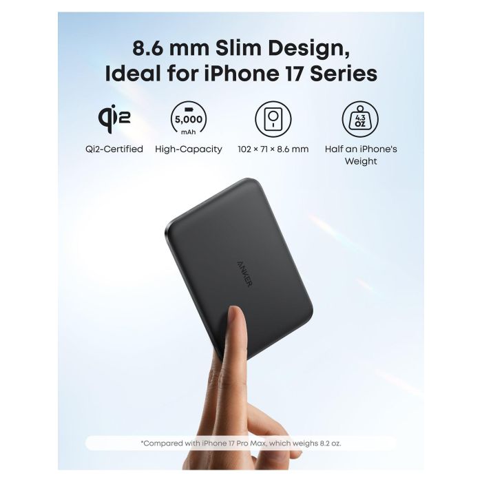 Anker A1665 Nano Powerbank 5000mAh 15W Magnetisch Slim Ultra-Slim 0.86cm Flach Qi2 Cargador Inalámbrico Negro