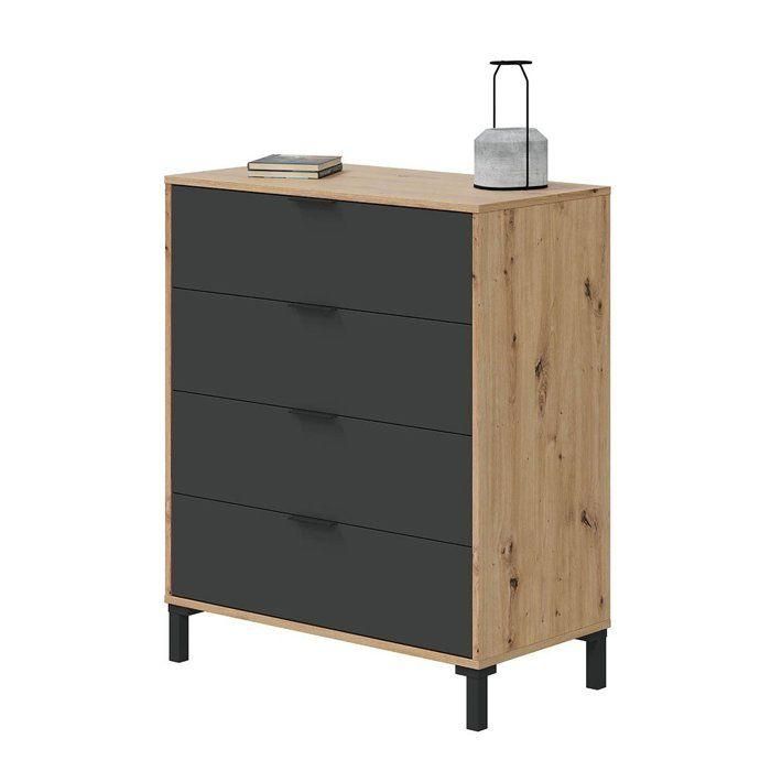 CALICOSY - Cómoda de 4 cajones con decoración en roble nudoso y gris antracita - L77,5 cm - Madera clara 4