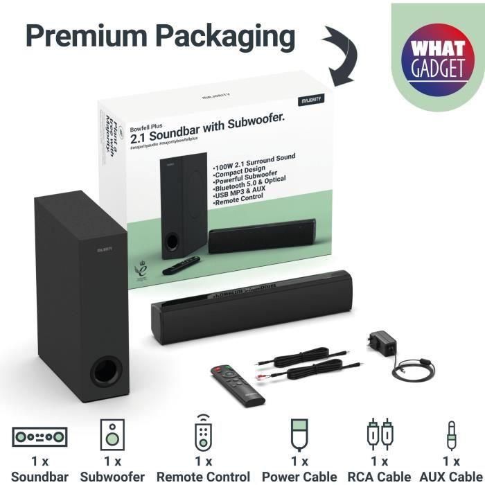 MAJORITY BOWFELL PLUS - Barra de sonido 2.1 - Bluetooth, USB, Entrada Óptica y Aux - Subwoofer con cable - Control EQ - 100W - Negro 2 MAJORITY BOWFELL PLUS - Barra de sonido 2.1 - Bluetooth, USB, Entrada Óptica y Aux - Subwoofer con cable - Control EQ - 100W - Negro 2
