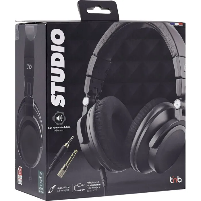 TNB Auriculares de Monitorización para Estudio, TNB1736382807993, Cable con Conectores 3.5 mm y 6.35 mm, Diadema Ajustable y Plegable, Negro