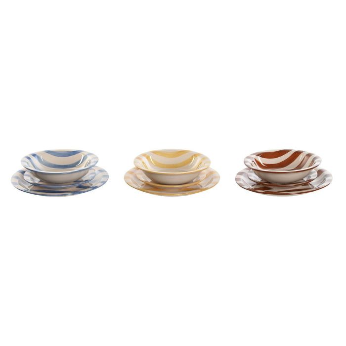DKD Home Decor Vajilla de Gres Mediterraneo con Rayas, Set de 18 Piezas, Multicolor Azul Amarillo Rojo, Apta Lavavajillas y Microondas