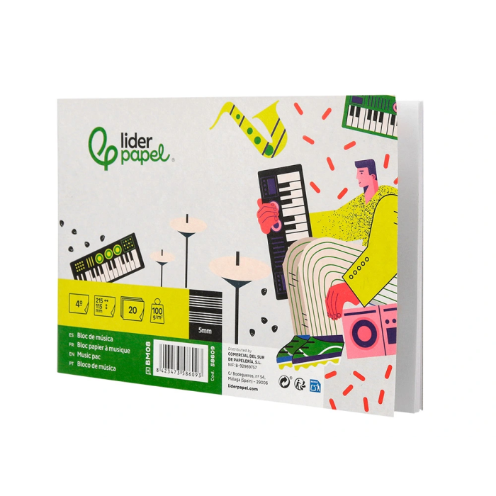 Liderpapel Bloc Música Pentagrama 5mm Cuarto 20 Hojas 100 g/m² Grapado 5
