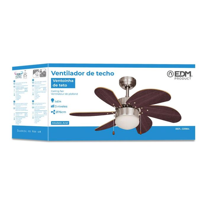 Edm Ventilador de Techo Aral Wengue/Níquel Satinado Ø76cm 50W 3 Velocidades 4