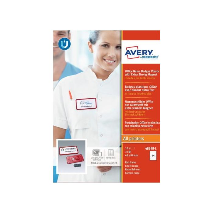 Avery 4839R-L Porta Nombres Office Badge Rojo con Imán Extra Fuerte 37 x 75 mm Pack 10 Unidades 1