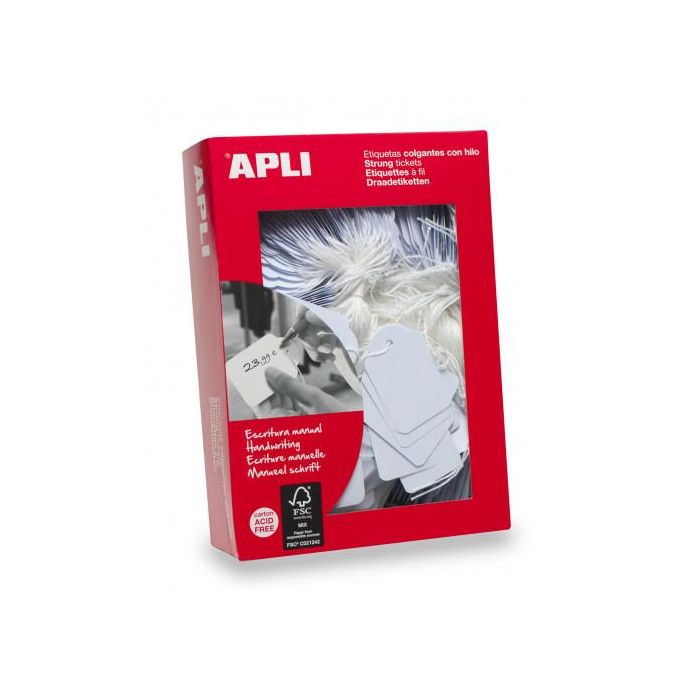 Apli 390 Etiquetas Colgantes rectangulares de cartulina blancas con cuerda 22x35 mm Caja de 500 Unidades 0 Apli 390 Etiquetas Colgantes rectangulares de cartulina blancas con cuerda 22x35 mm Caja de 500 Unidades 0