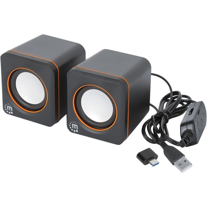 MANHATTAN Lautsprecher fr PC und Laptop 2600 Series zwei verbundene Lautsprecher 1.4 m USB-Kabel USB-C/USB-A-Adapter schwarz/orange 5