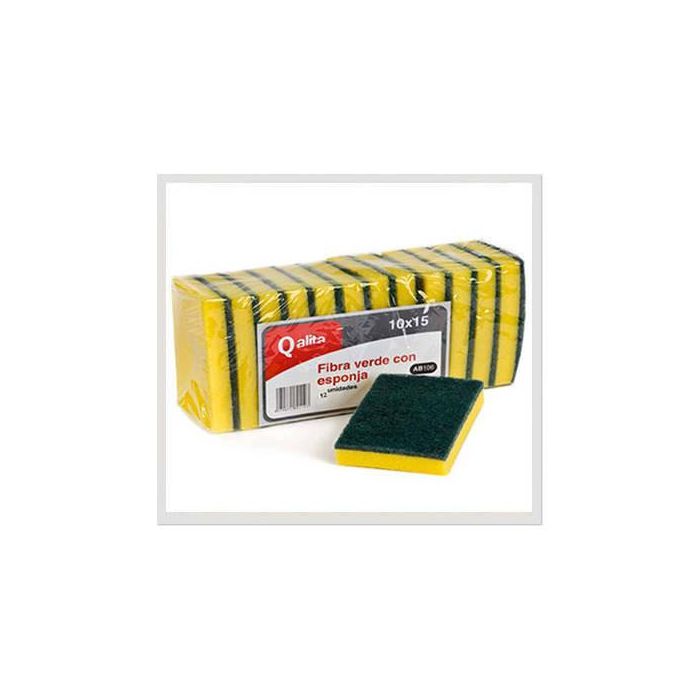 Qalita AB106 - Pack 12 Estropajos Fibra Verde con Esponja Extra, Verde/Amarillo