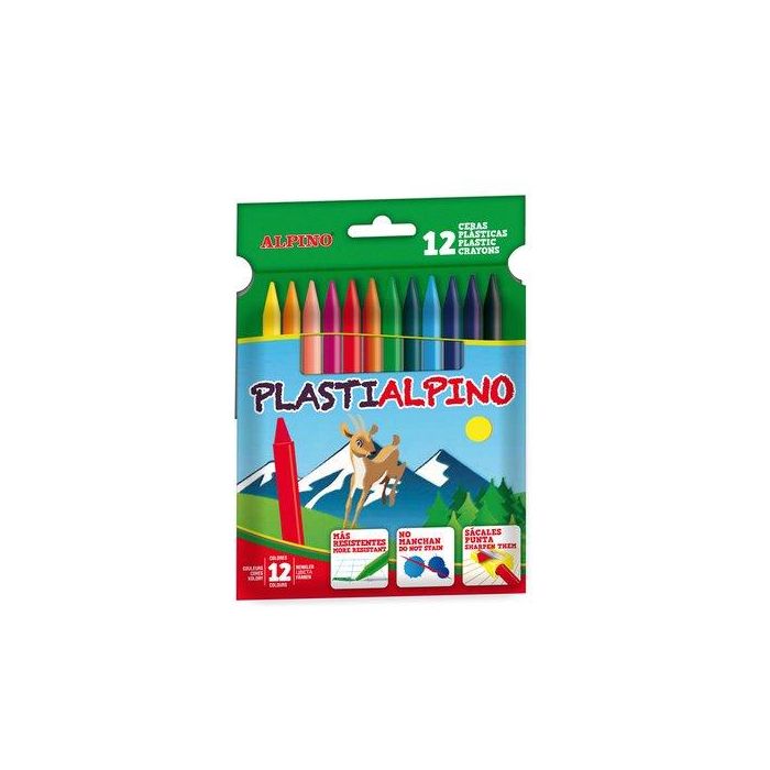 Alpino Ceras Plásticas Plastialpino 115 mm No Manchan, Estuche de 12 Colores Surtidos