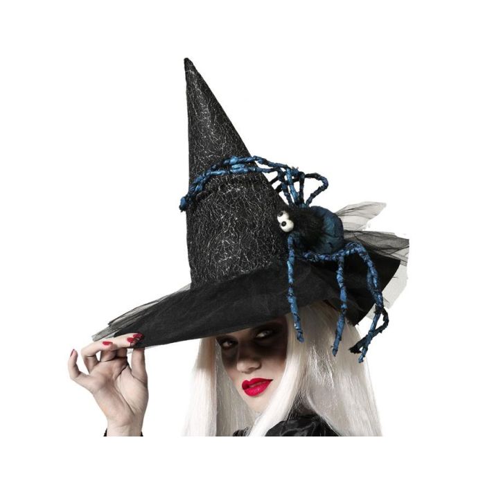 Sombrero De Bruja Negro Con Araña Azul Y Tul Para Adulto Halloween Disfraz Accesorio
