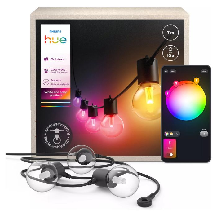 Philips Hue Festavia Guirnalda de Luces Globo para Exterior, Blanco y Color Ambiance, 7m, 10 Lámparas, IP65, Control por App Hue, Cambio de Color, Zigbee/Bluetooth 2 Philips Hue Festavia Guirnalda de Luces Globo para Exterior, Blanco y Color Ambiance, 7m, 10 Lámparas, IP65, Control por App Hue, Cambio de Color, Zigbee/Bluetooth 2
