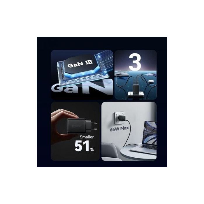 Vention FERW0-EU Cargador de Pared GaN de 65W con 3 Puertos USB (2x Tipo-C, 1x Tipo-A) Blanco, Carga Rápida PD 3.0/QC 3.0 2