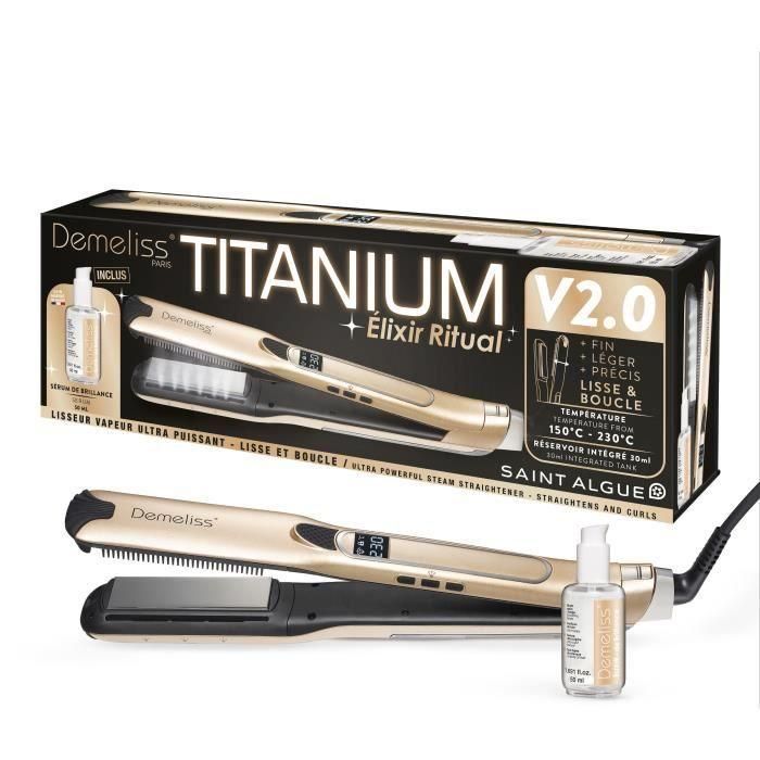 Caja plancha de vapor TITANIUM V2 ELIXIR RITUAL DEMELISS - 5 niveles de temperatura - Depósito de 30ml - Hasta 230°c Caja plancha de vapor TITANIUM V2 ELIXIR RITUAL DEMELISS - 5 niveles de temperatura - Depósito de 30ml - Hasta 230°c