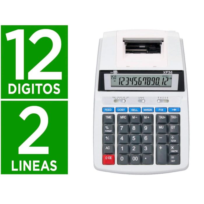 Calculadora Liderpapel Impresora Pantalla Papel 57 mm 12 Digitos Impresion Bicolor Blanca 235x155x62 mm