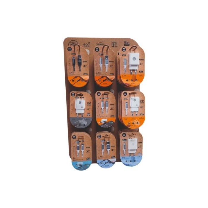 Expositor de Cargadores GaN y Cables Tech One Tech EKO 400903/ 9 ganchos/ Incluye 27 Productos 1 Expositor de Cargadores GaN y Cables Tech One Tech EKO 400903/ 9 ganchos/ Incluye 27 Productos 1