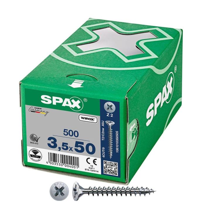 Spax Tornillo universal cabeza plana wirox 3,5x50mm rosca completa, ranura en cruz z2, 4cut - Caja 500 unid. Spax Tornillo universal cabeza plana wirox 3,5x50mm rosca completa, ranura en cruz z2, 4cut - Caja 500 unid.