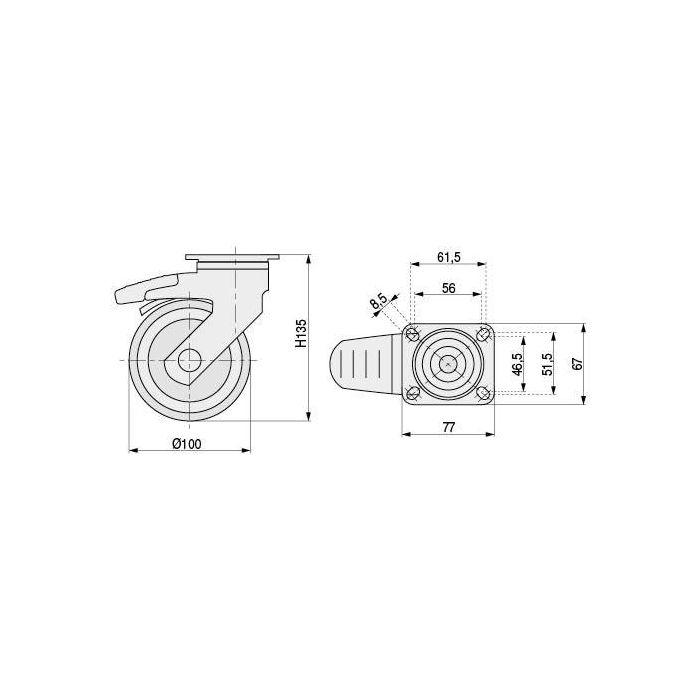 TENTE LEVINA PL Rueda Giratoria Ø100mm con Freno, Aro Goma Tenteprene, Núcleo Polipropileno, Antihilos, Placa 77x67, Carga 100kg 1 TENTE LEVINA PL Rueda Giratoria Ø100mm con Freno, Aro Goma Tenteprene, Núcleo Polipropileno, Antihilos, Placa 77x67, Carga 100kg 1