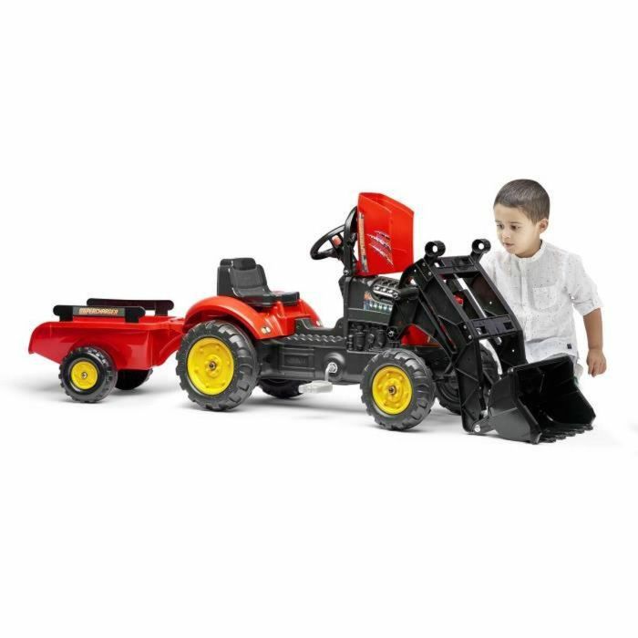 Tractor de pedal rojo sobrealimentador con capota abatible y remolque 4