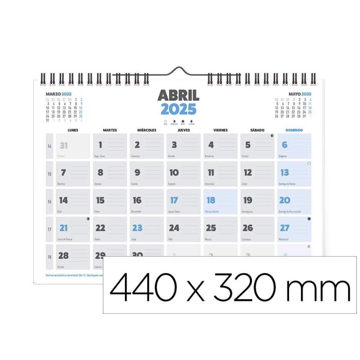 Calendario Pared Liderpapel Clasico 2025 Espiral 44x32 cm Papel 128 gr