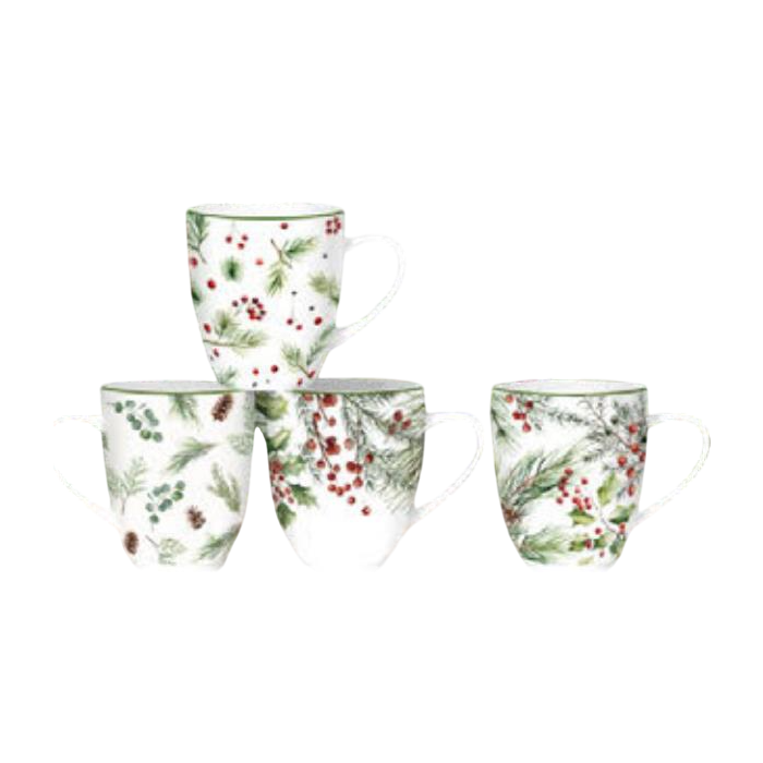 DKD Home Decor Mug Navidad Tradicional Porcelana Acebo 360ml Verde Blanco 8.5x9x12 cm (12 Unidades)