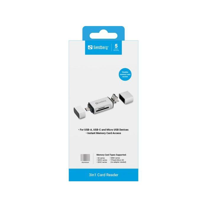 Sandberg Lector de Tarjetas Inteligentes Universal USB-C, USB-A, MicroUSB para SD/Micro SD - Móvil, Tablet, PC - Aluminio 1