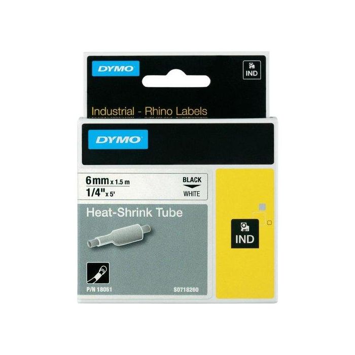 Dymo Rhino Cinta ID1-6, Negro Sobre Blanco, 6 mm x 1.5M, Tubo Termorretráctil S0718260