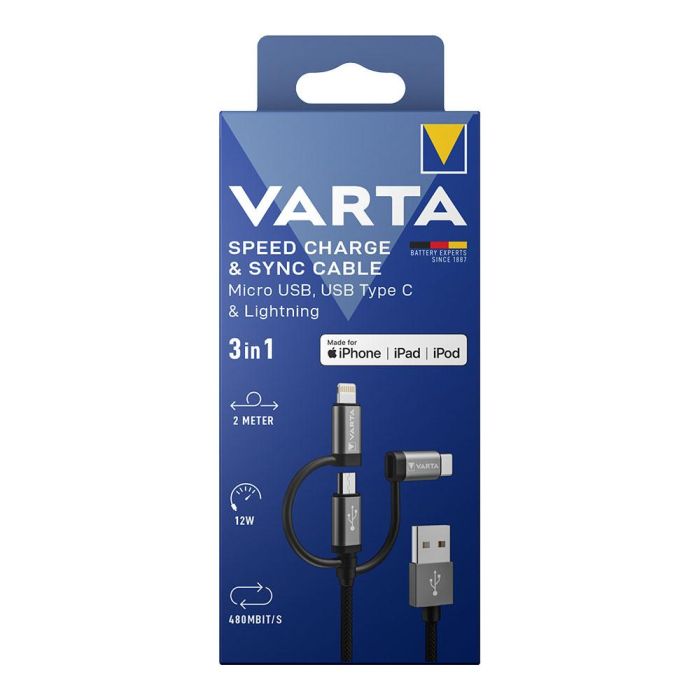 Cable 3 en 1 usb a - lighting - micro usb - tipo c varta