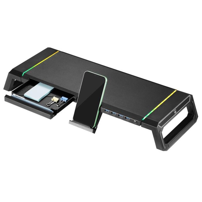 Ewent EW1268 Elevador Soporte Monitor RGB con Cajón de Almacenamiento, Soporte para Smartphone y 4 Puertos USB 3.0