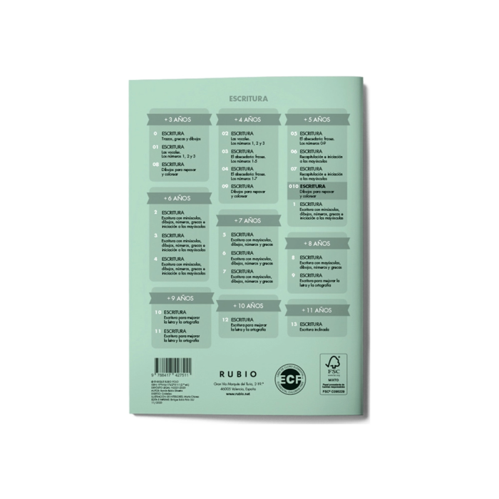 Rubio Cuaderno Caligrafía Nº 010 para Desarrollo de Destrezas Motrices y Lenguaje Escrito Certificado FSC 2