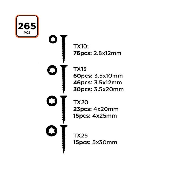 Surtido de tornillos torx 265 piezas black+decker 1