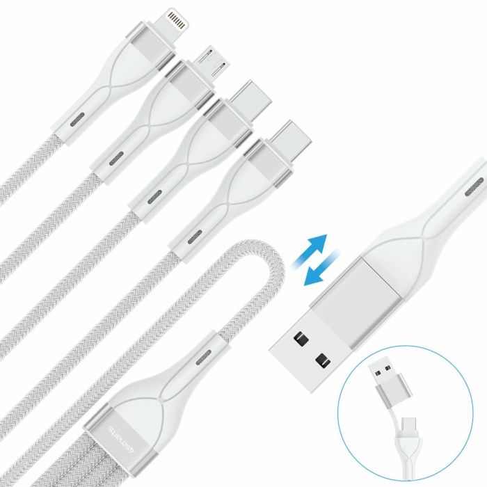4smarts 541024 Cable Multi-Carga 4in2 USB-A/C a USB-C/Micro USB/Lightning Trenzado 1.2m Blanco 15W 2