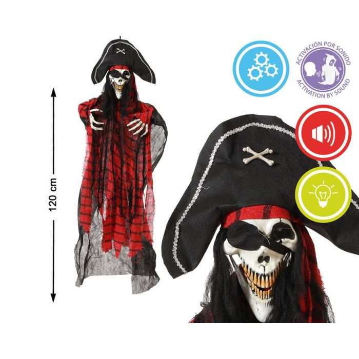 Decoración Colgante Esqueleto Pirata Con Sombrero 120 cm Con Luz Y Sonido para Halloween y Fiestas Temáticas