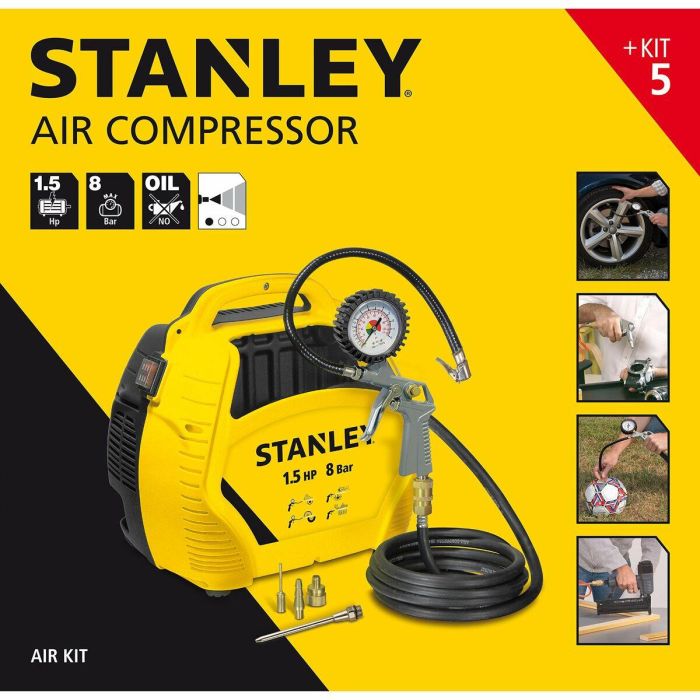 Stanley AIR KIT Compresor de aire 1.5 HP sin tanque coaxial sin aceite ultracompacto portátil con kit de inflado, pistola y manguera 4
